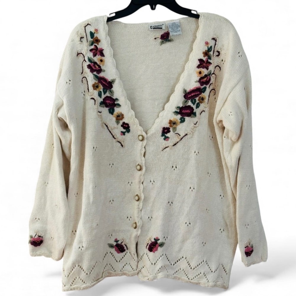 Vintage 90s Capacity Embroidered Cardigan Roses Cottage Oversized large beige